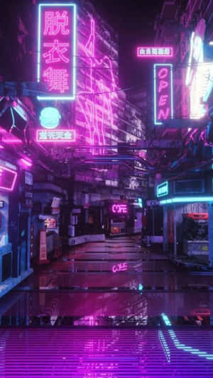 夜晚的霓虹燈小巷，發光的標誌在潮濕的路面上反射。 — 霓虹燈 壁紙
