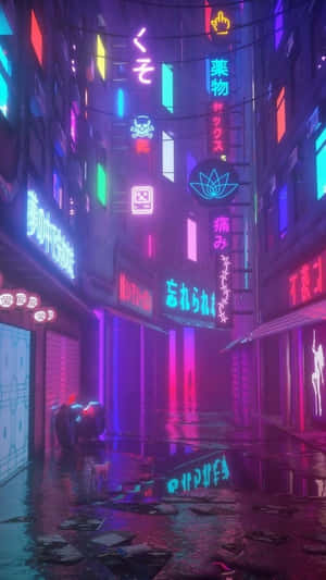 夜晚霓虹燈照亮賽博龐克小巷，帶有雨水倒影和發光招牌。 — 霓虹城市動態圖 壁紙