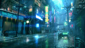 雨夜中霓虹燈照亮的 cyberpunk 城市街道，發光的招牌和濕漉漉的路面。 — 電馭叛客2077 壁紙