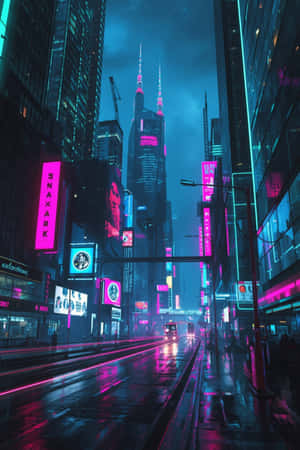一條濕漉漉的夜晚城市街道，被鮮豔的霓虹燈招牌和高聳的建築物照亮。 — 抽象 壁紙
