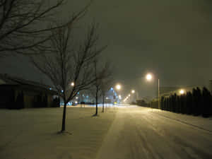 雪夜的城市街道，光禿禿的樹木和發光的路燈。 — 冬季風景 壁紙