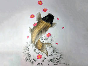 金色錦鯉在水中跳躍，周圍有粉紅色櫻花 — 美麗的魚 壁紙