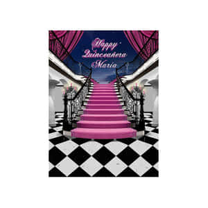 星空下鋪有粉紅色地毯的樓梯，帶有「Happy Quinceañera Maria」文字。 — 慶祝 壁紙