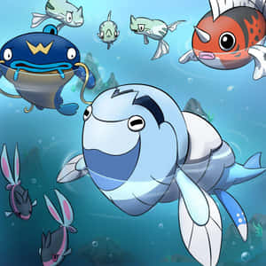 一條卡通鯨魚和各種魚兒在充滿活力的水底環境中快樂地游動。 — 動漫 壁紙