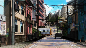 動漫街景，火車穿過狹窄的城市小巷。