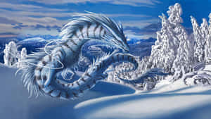 一條藍白條紋龍飛越積雪的山脈和樹木。 — 冬季風景 壁紙