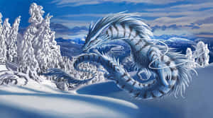 一條藍白條紋龍飛越雪山和樹木。 — 光龍 壁紙