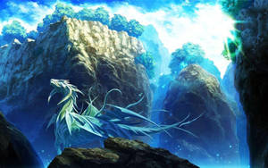 一條藍色龍站在陽光普照的山地景觀中的懸崖上。 — 高解析度龍 壁紙