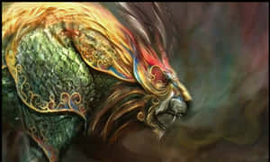 一條兇猛的龍，身披華麗的綠色鎧甲，鬃毛如火，在黑暗煙霧的場景中咆哮。 — 城堡動畫 壁紙