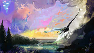 一條龍在日落時飛過湖泊，天空色彩繽紛，群山環繞。 — 創意 壁紙