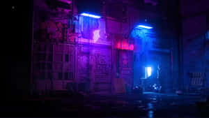 霓虹照亮夜晚的城市後巷，有雨和塗鴉 — 日式自然壁紙