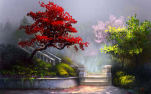 一條霧氣瀰漫的花園小徑，有一棵紅色的樹和石階，周圍環繞著色彩繽紛的樹葉。 — MacBook Air M1 壁紙