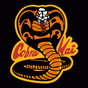 Cobra Kai 標誌，特色是風格化的橙色眼鏡蛇和黑色背景上的紅色文字。 — 眼鏡蛇道館 壁紙