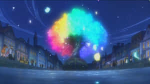 一棵發光的彩虹樹在星空下，照亮了河邊小鎮的夜晚。 — 深色主題 壁紙
