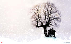 雪景冬日場景中樹木和房屋的剪影，帶有花卉圖案。 — 冬季美學 壁紙