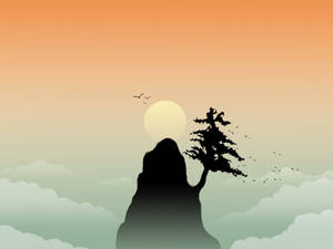 日落時山頂上樹木的剪影，鳥兒飛翔。 — 禪 GIF 壁紙