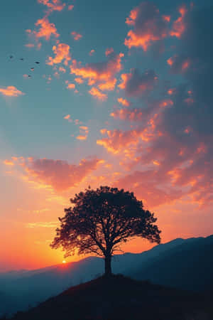 一棵孤樹在日落時站在山上，背景有橙色雲彩和山脈。 — 日落 壁紙