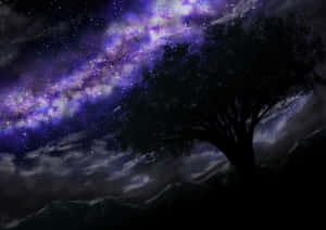 樹木在星空紫色銀河天空下的剪影，下方有山脈。 — 紫色樹木 壁紙