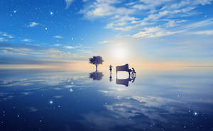星空下，太陽與水面漂浮的樹和鋼琴的剪影。 — 四月是你的謊言 壁紙