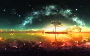 一棵孤獨的樹配有一張椅子在浮島上，下方是星空宇宙天空。 — 魔法森林 壁紙