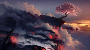 一棵櫻花樹矗立在火山懸崖上，下方有熔岩在日落時流動。 — 櫻花 壁紙