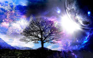 一棵孤獨的樹在充滿活力的宇宙天空下剪影，伴隨著一輪大月亮和發光的星雲。 — 銀河 壁紙