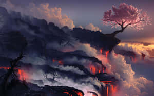 一棵櫻花樹站在火山懸崖上，有流動的熔岩和霧氣雲層，在日落時分。 — 日式審美桌面 壁紙
