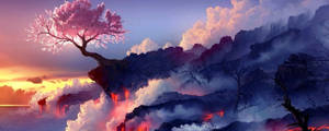 日落時火山景觀上方懸崖上的一棵櫻花樹。 — 櫻島麻衣 壁紙