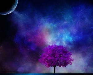 一棵孤獨的紫色樹木，在星空宇宙天空下，伴隨著新月。 — 銀河 壁紙