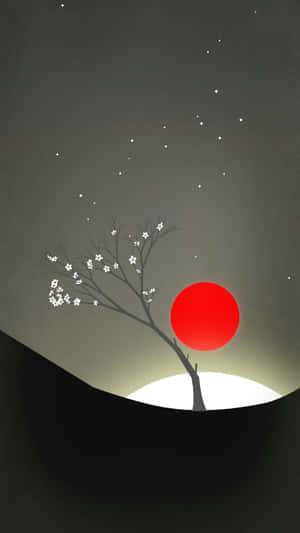 一棵孤獨開花的樹，在紅日和星空夜空下形成剪影。 — 簡約 壁紙