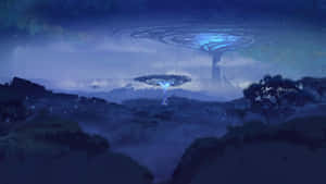 神秘夜景中漂浮的發光藍色樹木，遠處還有另一棵巨樹。 — 魔獸世界 壁紙