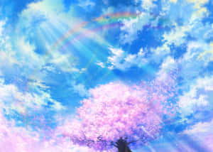 櫻花樹在彩虹天空下，陽光和雲朵。 — 美學天空 壁紙