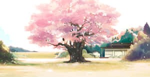 一棵盛開的粉紅櫻花樹，旁邊是寧靜鄉村中的小屋。 — 美學粉色GIF 壁紙