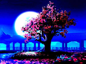 夜晚，櫻花樹在滿月下發光，旁邊是傳統亭台樓閣。 — 淺粉色調 壁紙