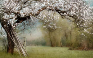 白色花朵的櫻花樹彎曲在霧氣瀰漫的綠色田野上，旁邊有傾斜的木樁。 — MacBook Air M1 壁紙