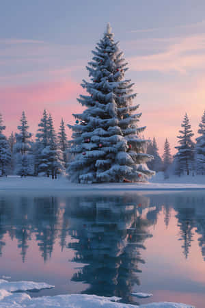 被雪覆蓋的聖誕樹和紅色飾物，在暮色中倒映在結冰的湖面上。 — 日落 壁紙