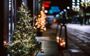 一棵亮著燈的小聖誕樹立在夜間積雪的人行道上，背後是模糊的城市燈光。 — 冬季風景 壁紙