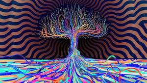 一棵發光的樹，帶有多彩的根和枝條，背景是波浪條紋。 — 抽象 壁紙