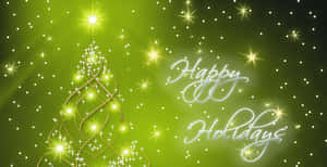 閃爍金光的螺旋樹，帶有閃亮燈光和綠色背景上的「Happy Holidays」文字。 — 聖誕樹動畫 壁紙