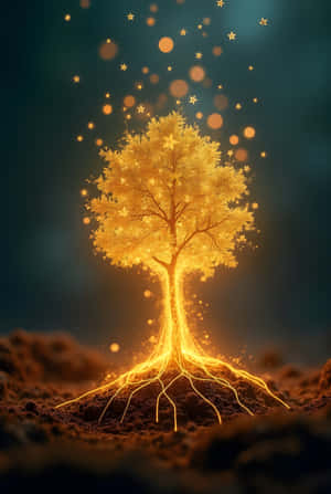 在夢幻般的奇幻場景中，一棵發光的金色樹木，星光粒子從黑暗的土壤中升起。 — 極高畫質 壁紙