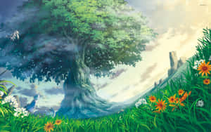 明亮的天空下，草地上有一棵大古樹，有野花和薄霧。 — 樹木 壁紙