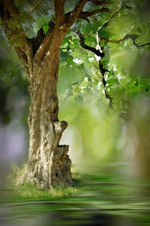一棵大樹，樹皮粗糙，綠葉，處於柔和焦點的森林環境中。 — Huawei MatePad 11.5 (2026) 壁紙