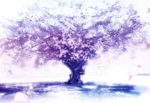 雪中的紫色櫻花樹，周圍漂浮著發光的花瓣。 — 暗黑動漫風格GIF 壁紙