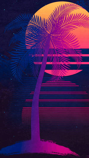 棕櫚樹襯托著帶有水平條紋和星星的霓虹日落 — 蒸氣波 壁紙