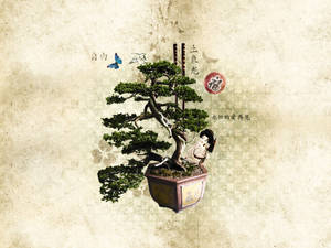 帶有小人物和蝴蝶的盆景樹，置於帶有中國書法的舊紙上。 — 樹木 壁紙