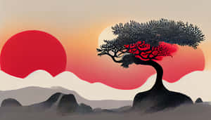 一棵帶有紅色花朵的黑色樹木，在日落中剪影，有兩個太陽和山脈。 — 日本櫻花 壁紙