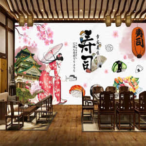 日本餐廳壁紙，帶有藝妓、壽司和城堡設計。 — 春天 壁紙