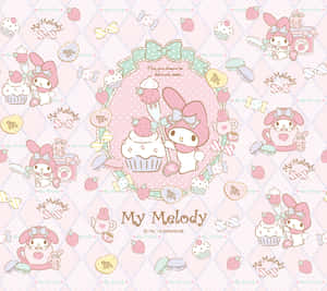 My Melody 被甜點和蝴蝶結包圍在粉紅色背景上。 — 杯子蛋糕 壁紙