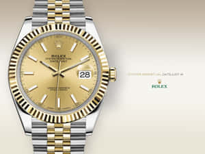豪華勞力士 Datejust 41 手錶，配備金鋼錶帶，米色背景。 — 勞力士標誌 壁紙
