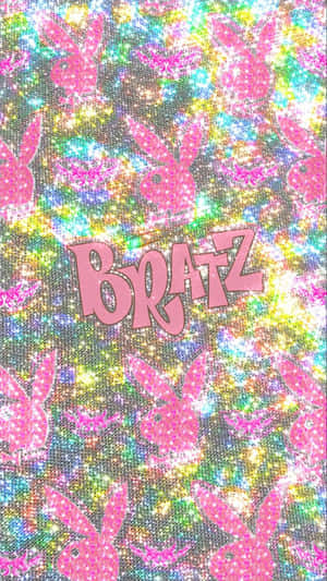 Bratz 標誌配以粉紅色兔子剪影，背景為彩虹閃粉。 — 2000年代 壁紙